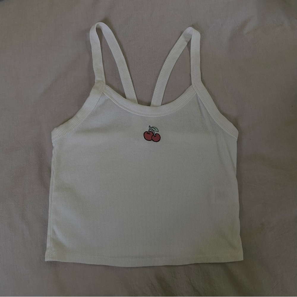 Hippie Rose White Tank Top with Cherry Embroidery